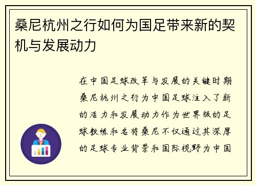 桑尼杭州之行如何为国足带来新的契机与发展动力