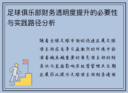 足球俱乐部财务透明度提升的必要性与实践路径分析 足球俱乐部财务透明度提升的必要性与实践路径分析